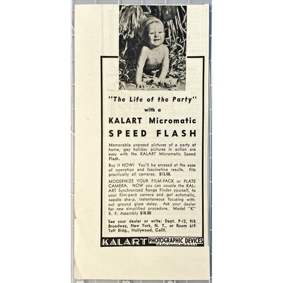 Kalart Photographic Devices "Micromatic Speed Flash: Baby Photo" Print Ad 1938 - Picture 1 of 3